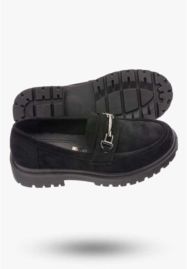Półbuty Damskie Czarne Mokasyny Skóra ekologiczna zamszowa BLACK MICROFIBER