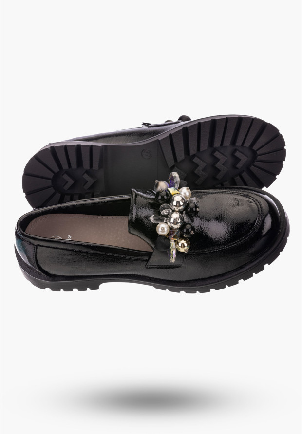 Półbuty Damskie Czarne Mokasyny Lakierowane Loafersy