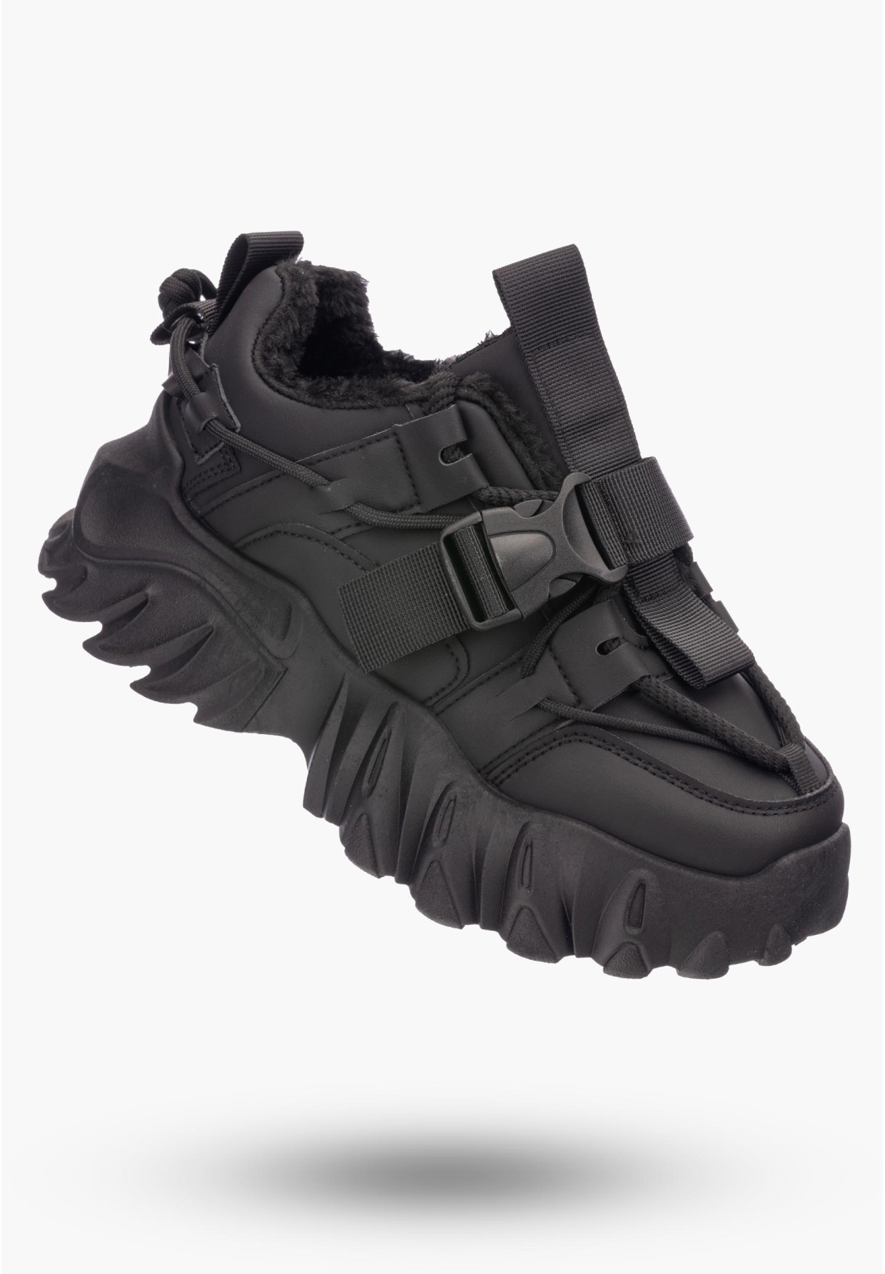 Buty Damskie Czarne Sneakersy na wysokiej podeszwie ocieplane 364