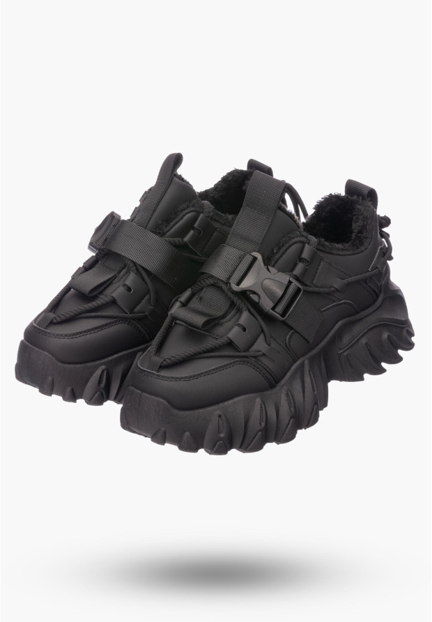 Buty Damskie Czarne Sneakersy na wysokiej podeszwie ocieplane 364