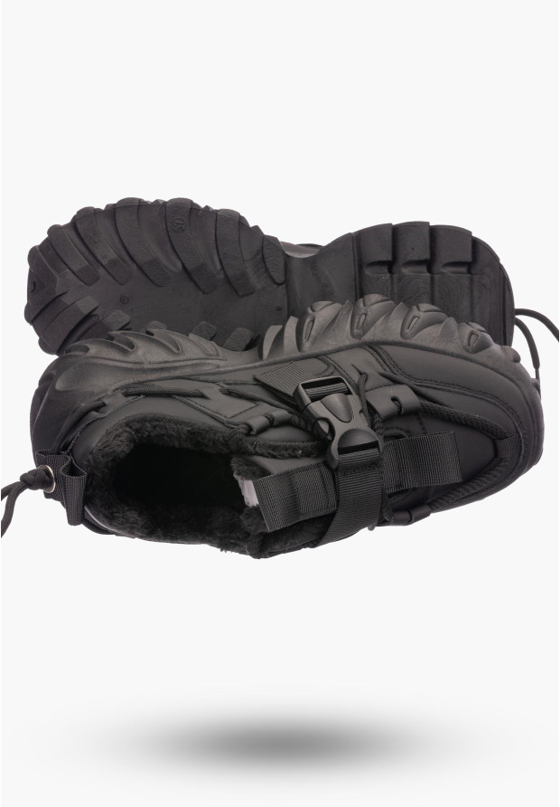 Buty Damskie Czarne Sneakersy na wysokiej podeszwie ocieplane 364