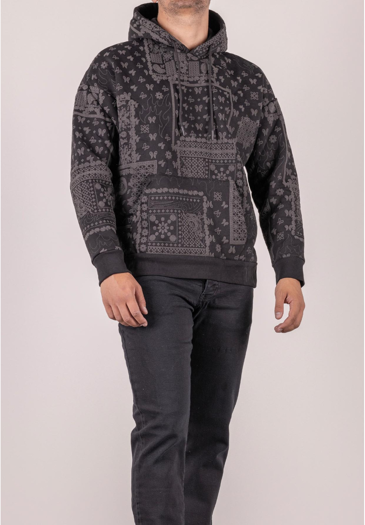 Bluza męska oversize ocieplana z kapturem paisley czarna