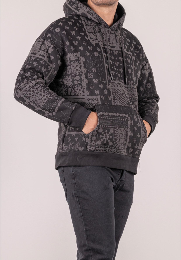 Bluza męska oversize ocieplana z kapturem paisley czarna