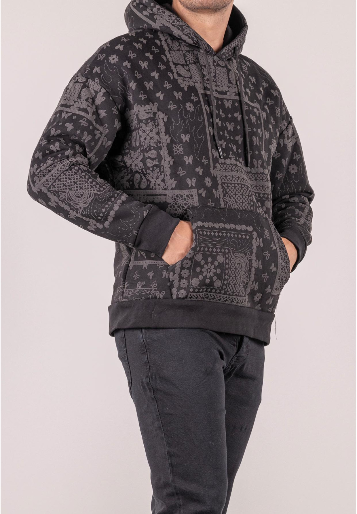 Bluza męska oversize ocieplana z kapturem paisley czarna