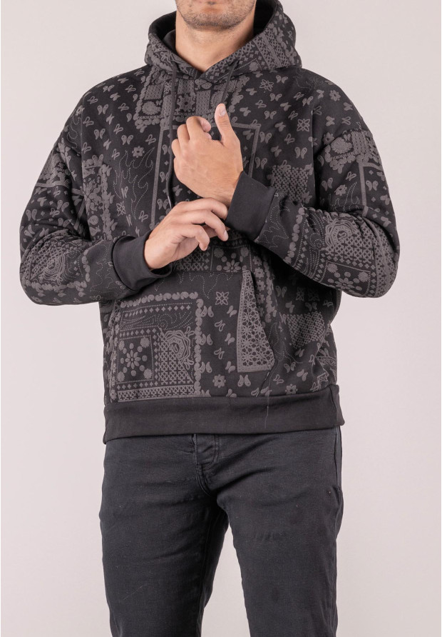 Bluza męska oversize ocieplana z kapturem paisley czarna