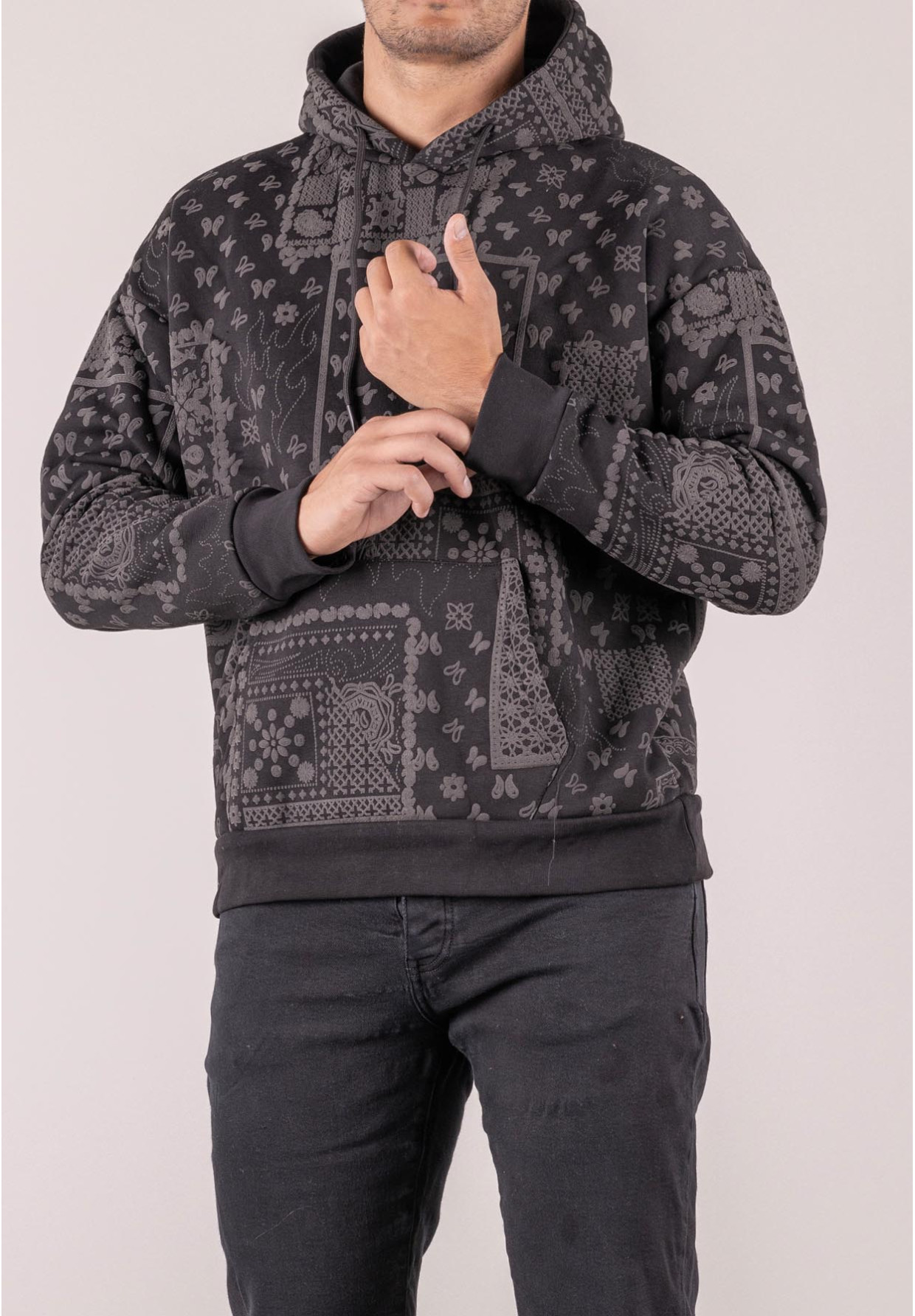 Bluza męska oversize ocieplana z kapturem paisley czarna