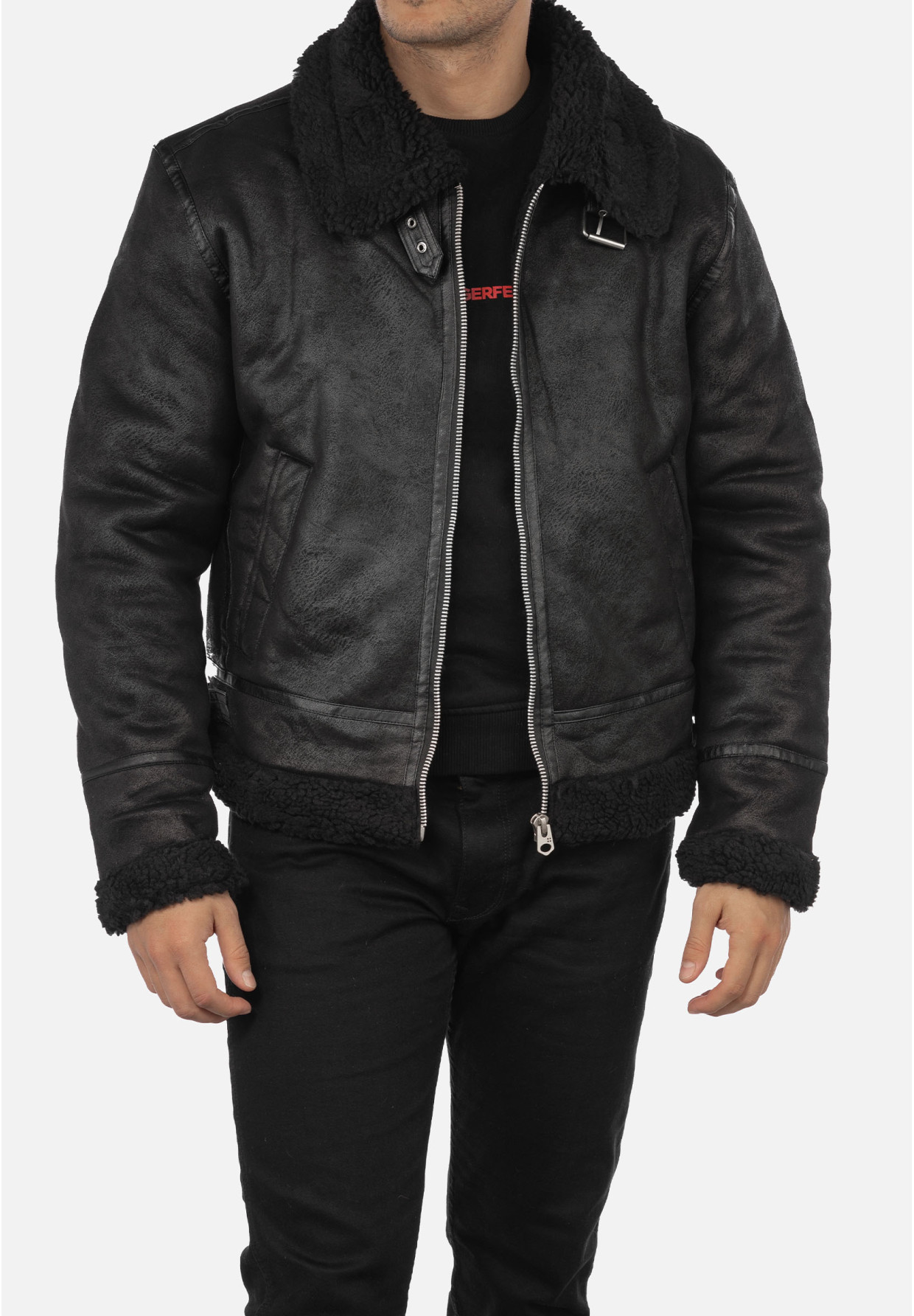 Kożuch Męski Kurtka Czarna Pilotka Slim Fit 15-K-2024