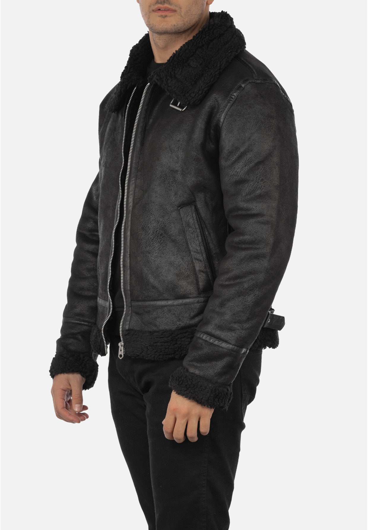 Kożuch Męski Kurtka Czarna Pilotka Slim Fit 15-K-2024