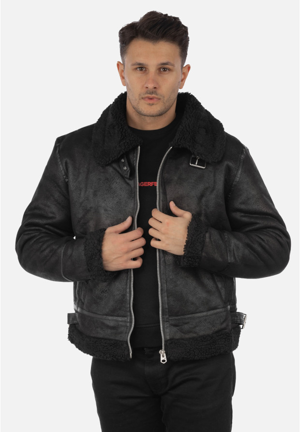Kożuch Męski Kurtka Czarna Pilotka Slim Fit 15-K-2024
