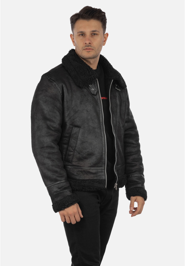 Kożuch Męski Kurtka Czarna Pilotka Slim Fit 15-K-2024