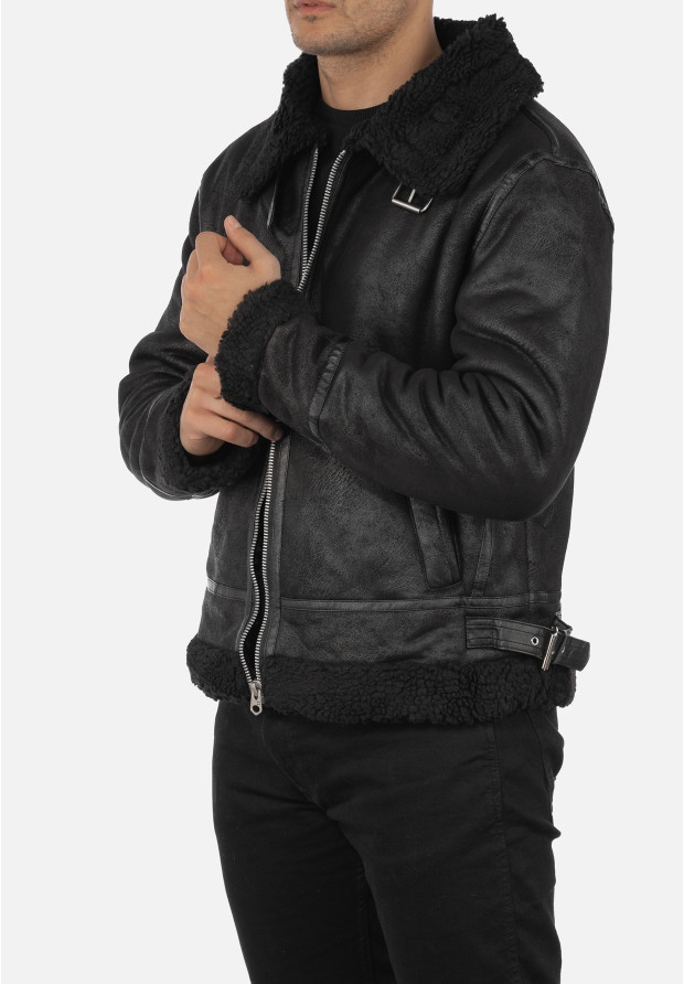 Kożuch Męski Kurtka Czarna Pilotka Slim Fit 15-K-2024