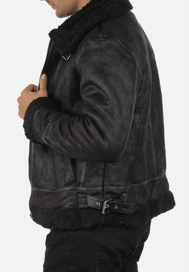 Kożuch Męski Kurtka Czarna Pilotka Slim Fit 15-K-2024