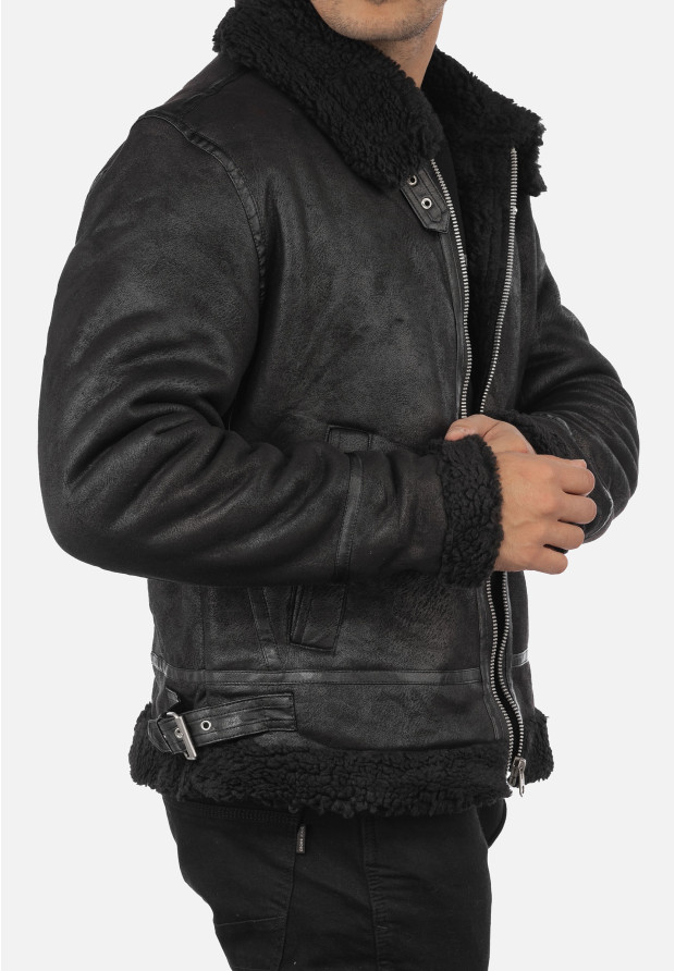 Kożuch Męski Kurtka Czarna Pilotka Slim Fit 15-K-2024