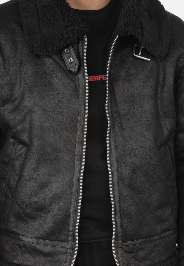 Kożuch Męski Kurtka Czarna Pilotka Slim Fit 15-K-2024