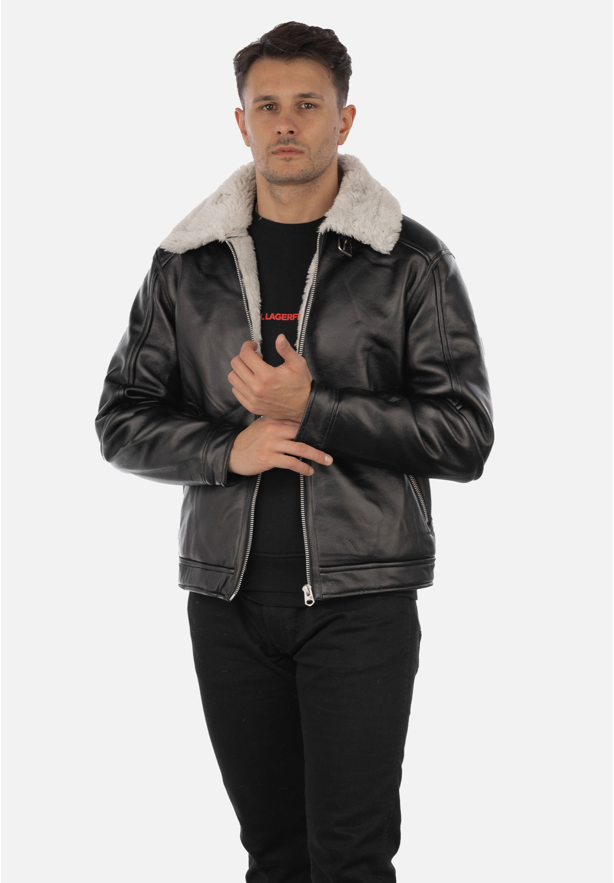 Kożuch Męski Kurtka Czarna Pilotka z białym kołnierzem Slim Fit 15-K-2024