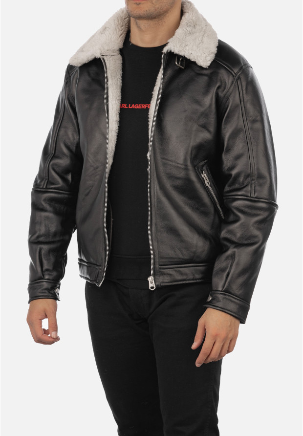 Kożuch Męski Kurtka Czarna Pilotka z białym kołnierzem Slim Fit 15-K-2024