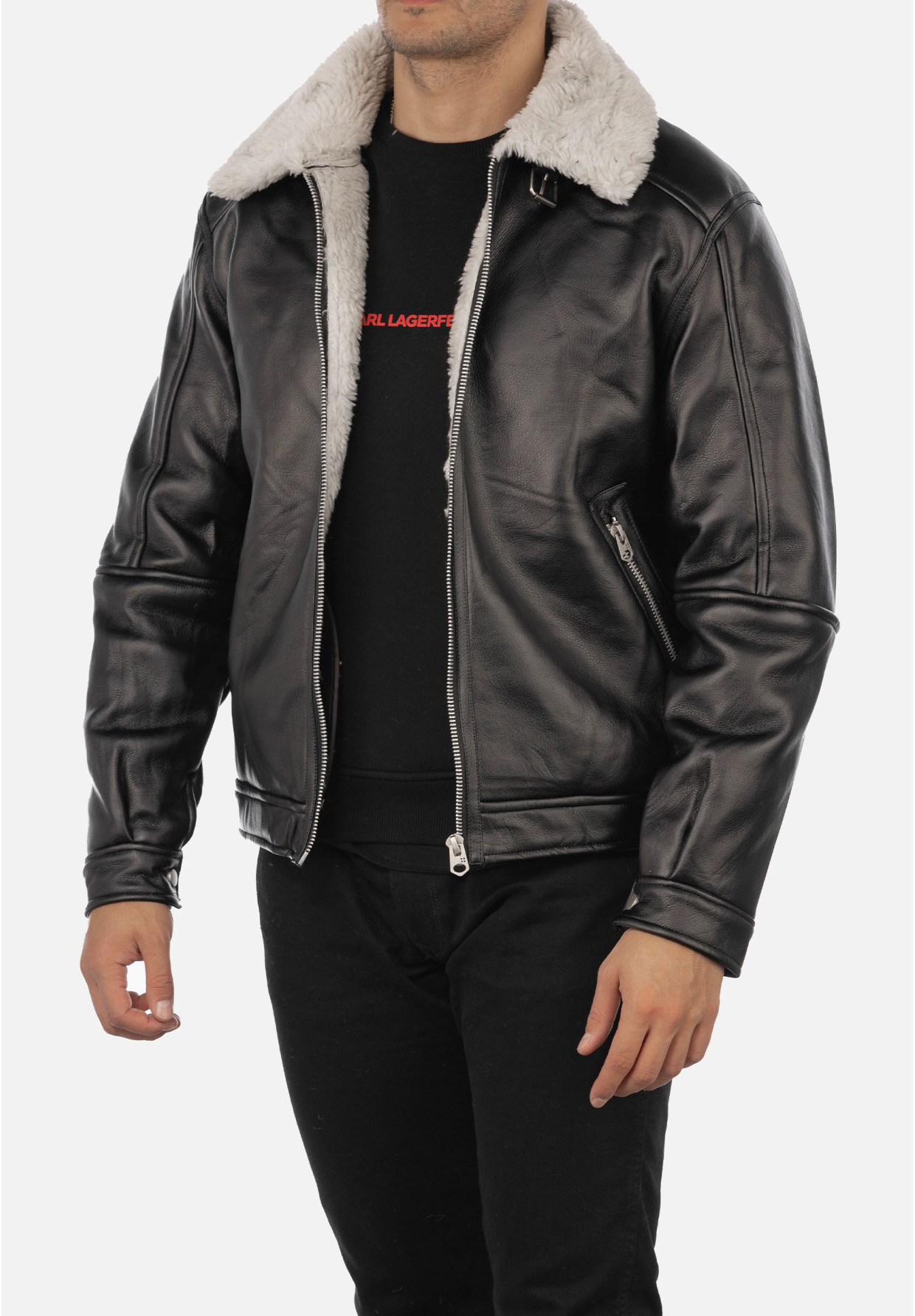 Kożuch Męski Kurtka Czarna Pilotka z białym kołnierzem Slim Fit 15-K-2024