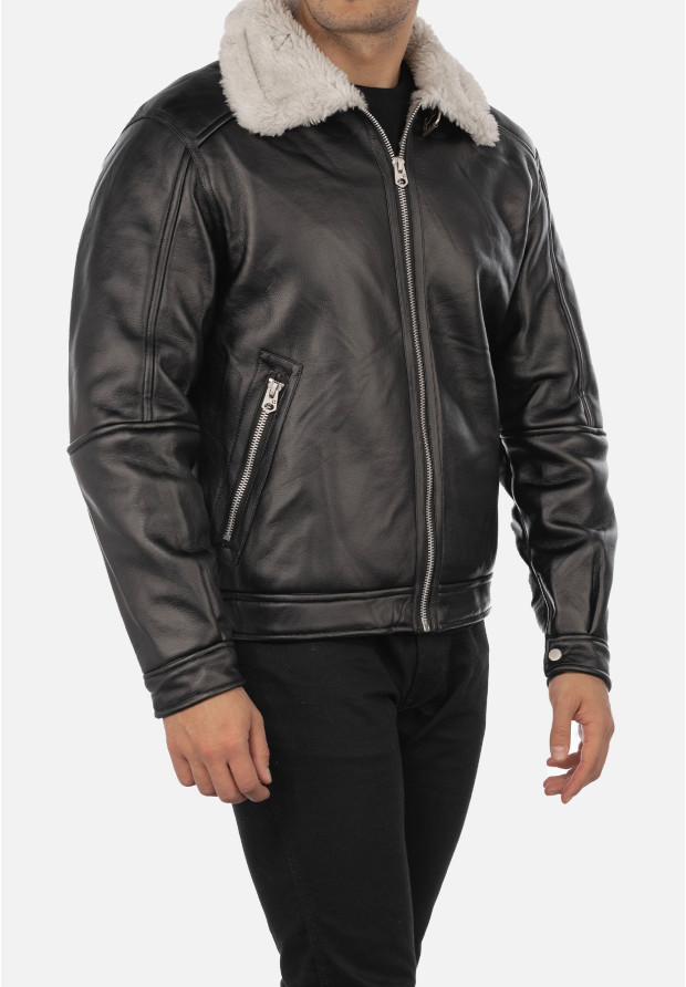 Kożuch Męski Kurtka Czarna Pilotka z białym kołnierzem Slim Fit 15-K-2024