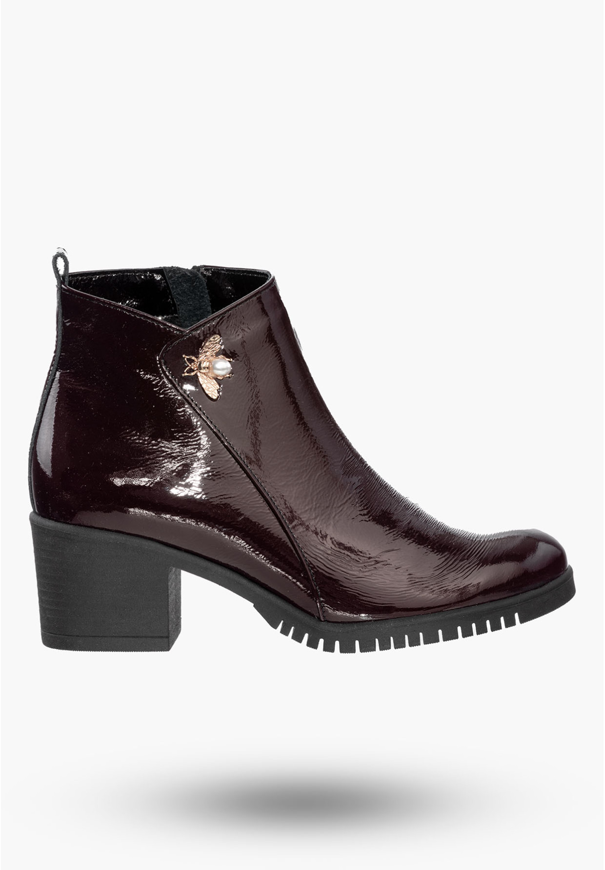 Buty Damskie Botki Bordowe Skórzane Z Ozdobną Aplikacją Na Zimę B-344