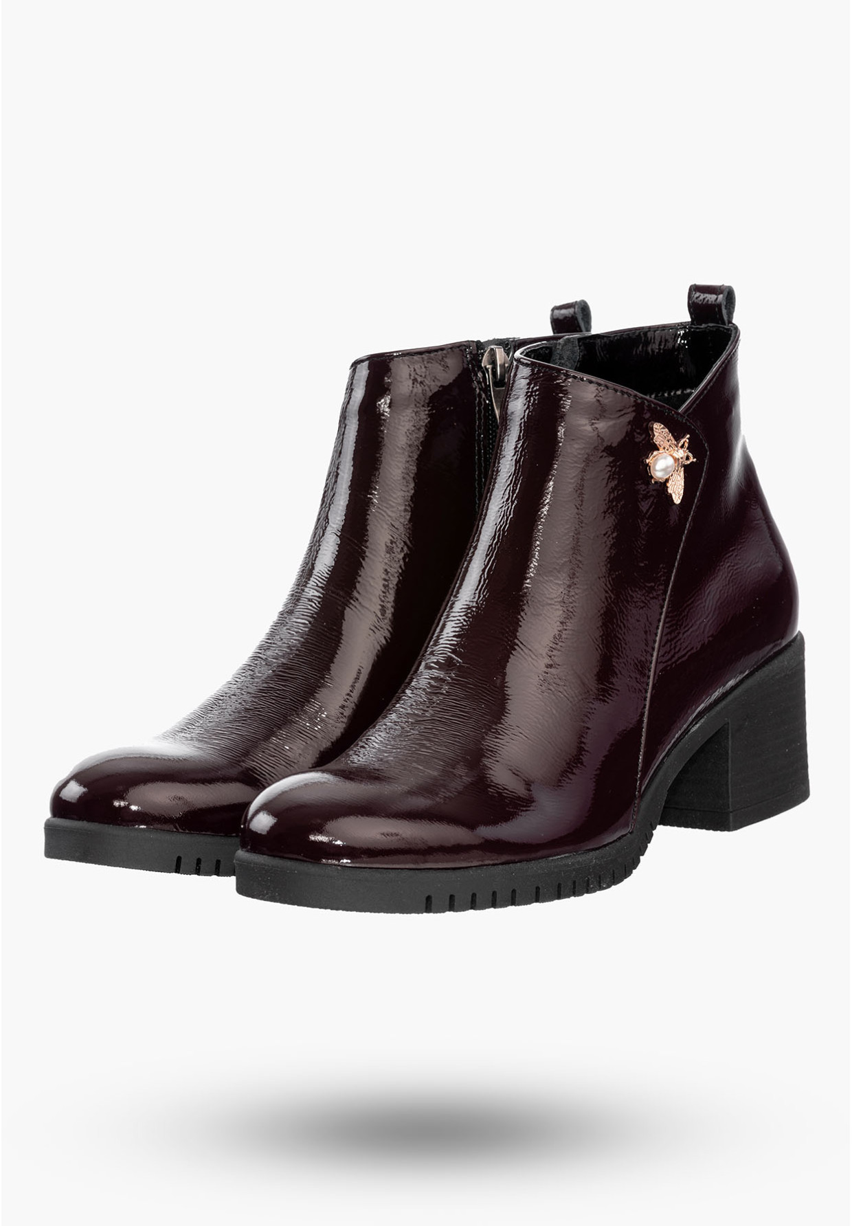 Buty Damskie Botki Bordowe Skórzane Z Ozdobną Aplikacją Na Zimę B-344