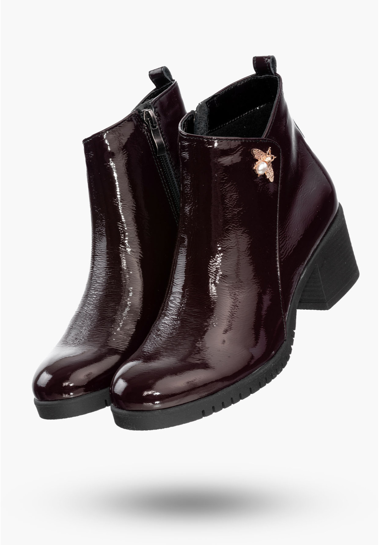 Buty Damskie Botki Bordowe Skórzane Z Ozdobną Aplikacją Na Zimę B-344