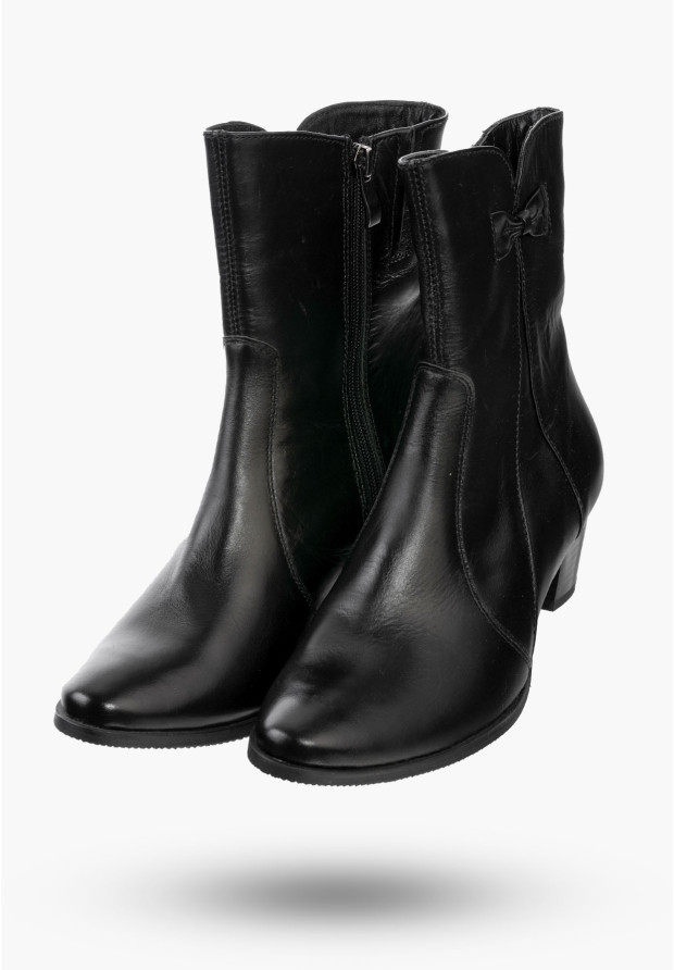Buty Damskie Botki Czarne Skórzane na obcasie z ociepleniem Na Zimę K-232