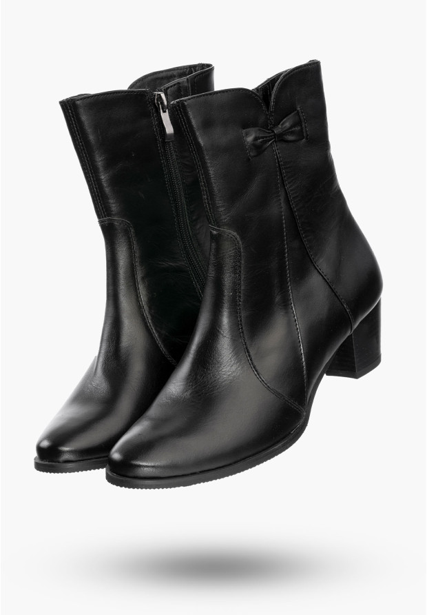 Buty Damskie Botki Czarne Skórzane na obcasie z ociepleniem Na Zimę K-232