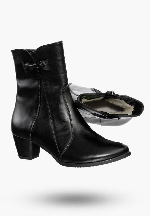 Buty Damskie Botki Czarne Skórzane na obcasie z ociepleniem Na Zimę K-232