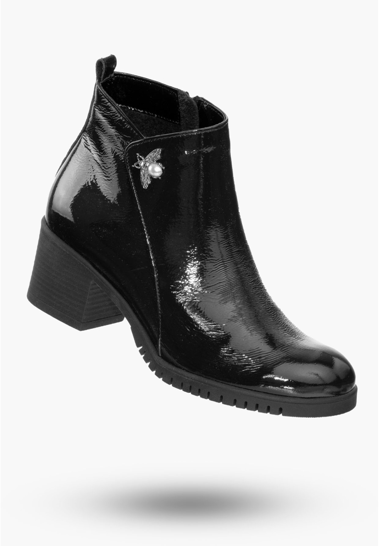 Buty Damskie Botki Ze Skóry Czarne z Ozdobną Aplikacją Na Zimę B-344/2