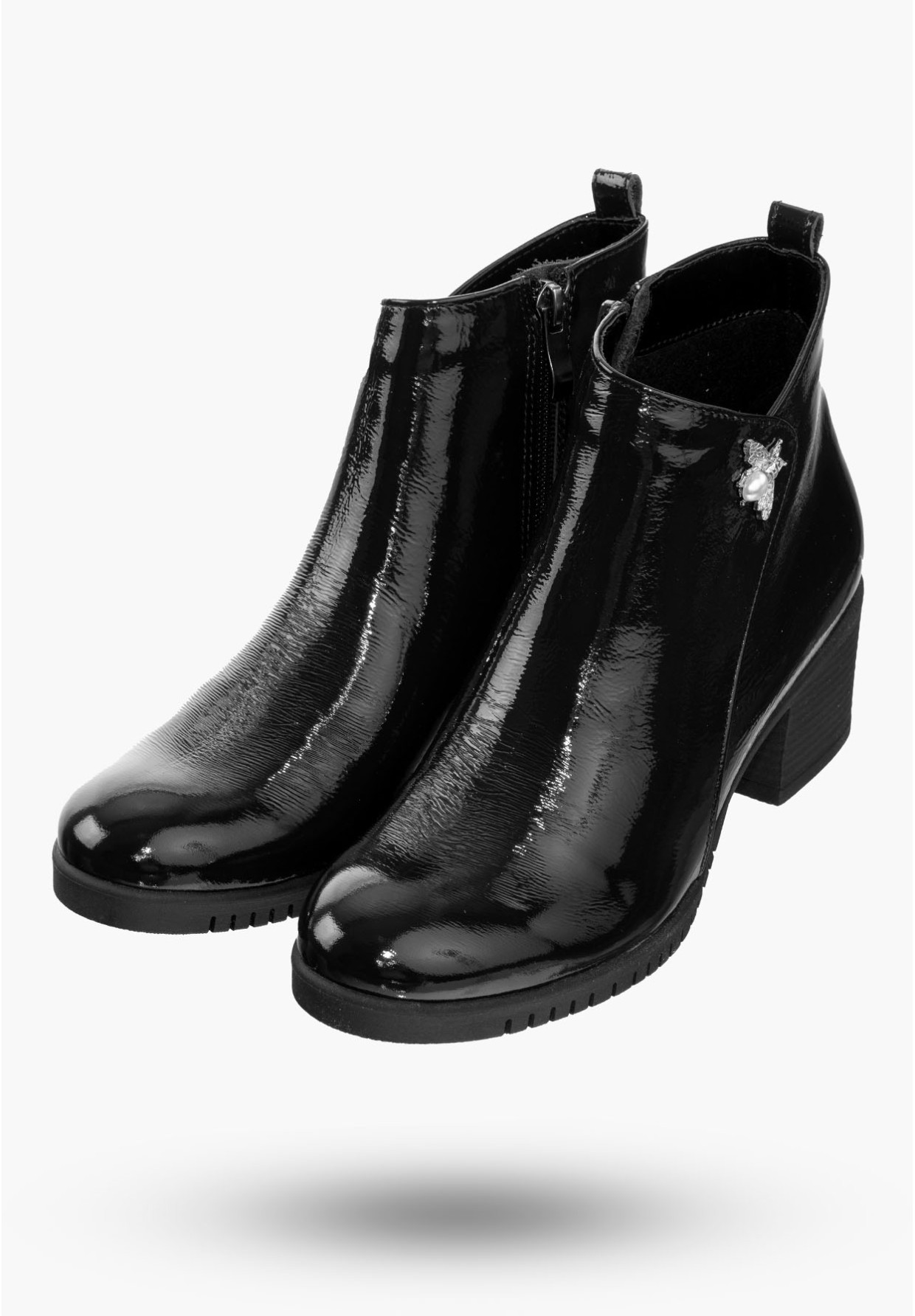 Buty Damskie Botki Ze Skóry Czarne z Ozdobną Aplikacją Na Zimę B-344/2