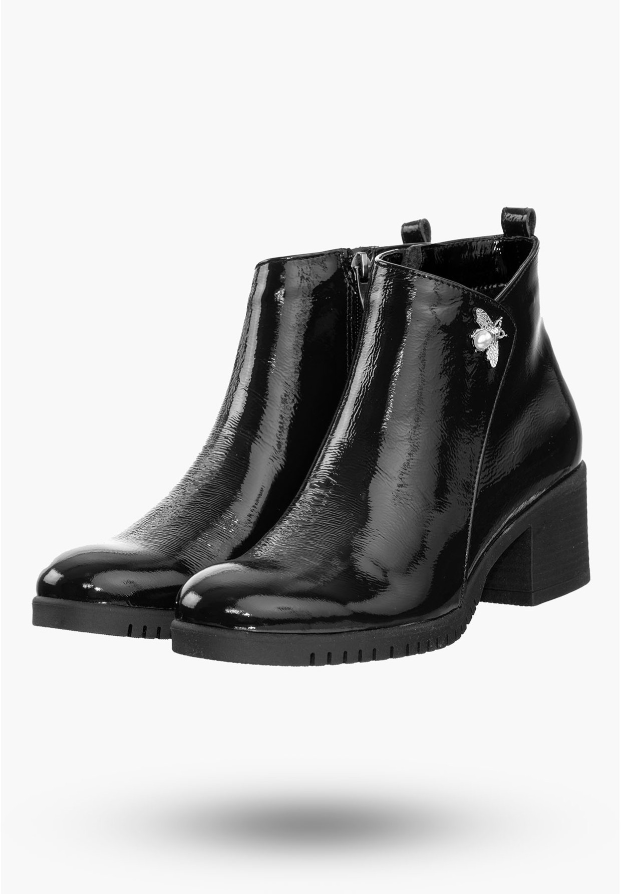 Buty Damskie Botki Ze Skóry Czarne z Ozdobną Aplikacją Na Zimę B-344/2