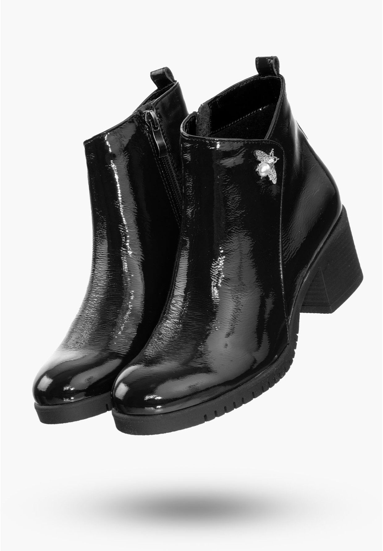 Buty Damskie Botki Ze Skóry Czarne z Ozdobną Aplikacją Na Zimę B-344/2