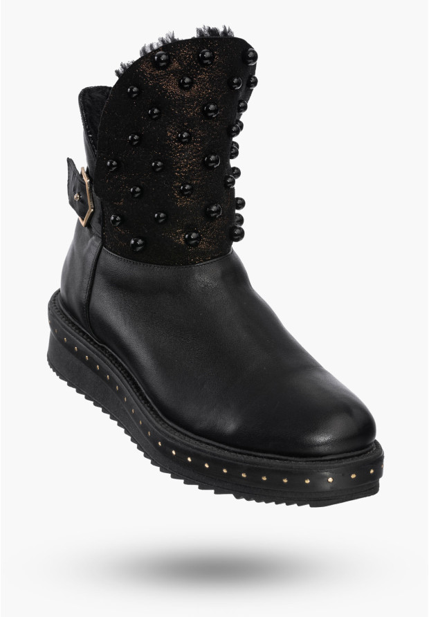 Buty Damskie Botki Czarne Skórzane Z Ozdobnymi Aplikacjami Na Zimę 272/1