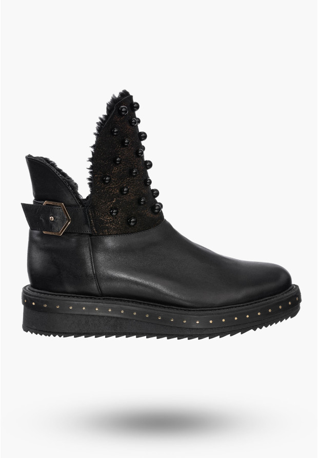 Buty Damskie Botki Czarne Skórzane Z Ozdobnymi Aplikacjami Na Zimę 272/1