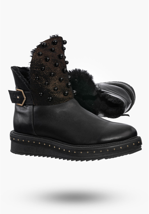 Buty Damskie Botki Czarne Skórzane Z Ozdobnymi Aplikacjami Na Zimę 272/1