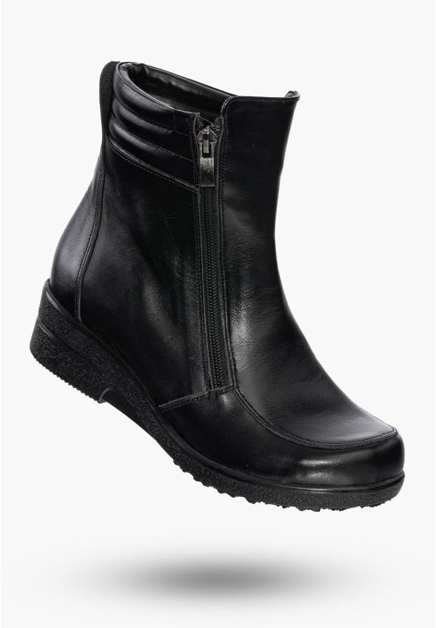 Buty Damskie Botki Skórzane Czarne Ocieplane Na Koturnie Na Zimę 204
