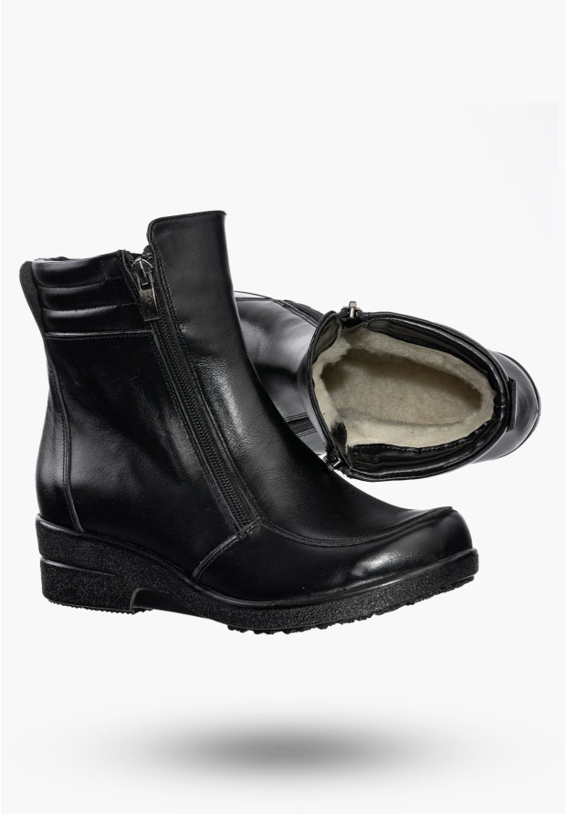 Buty Damskie Botki Skórzane Czarne Ocieplane Na Koturnie Na Zimę 204
