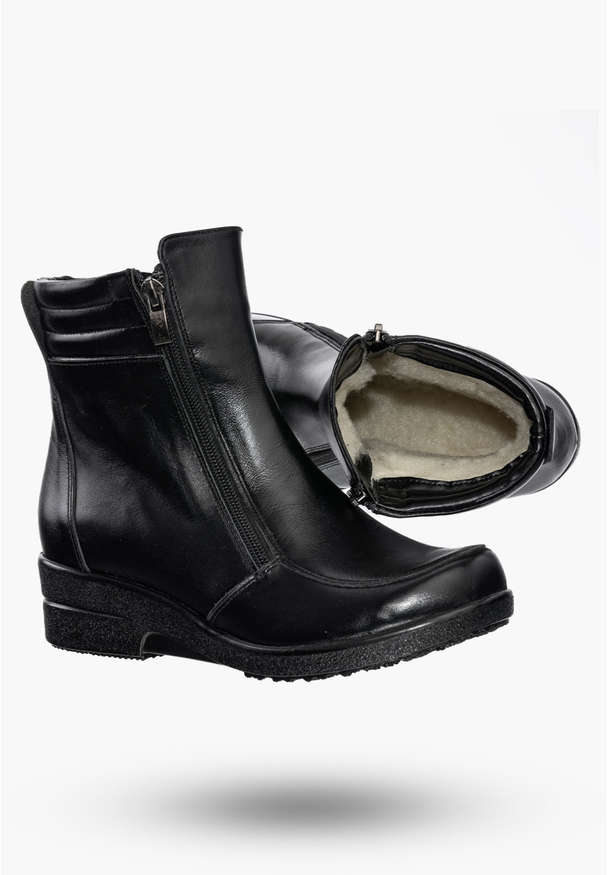 Buty Damskie Botki Skórzane Czarne Ocieplane Na Koturnie Na Zimę 204