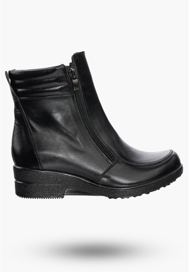 Buty Damskie Botki Skórzane Czarne Ocieplane Na Koturnie Na Zimę 204