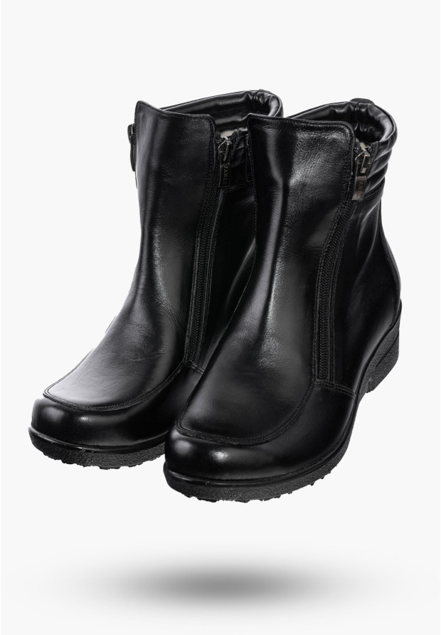 Buty Damskie Botki Skórzane Czarne Ocieplane Na Koturnie Na Zimę 204