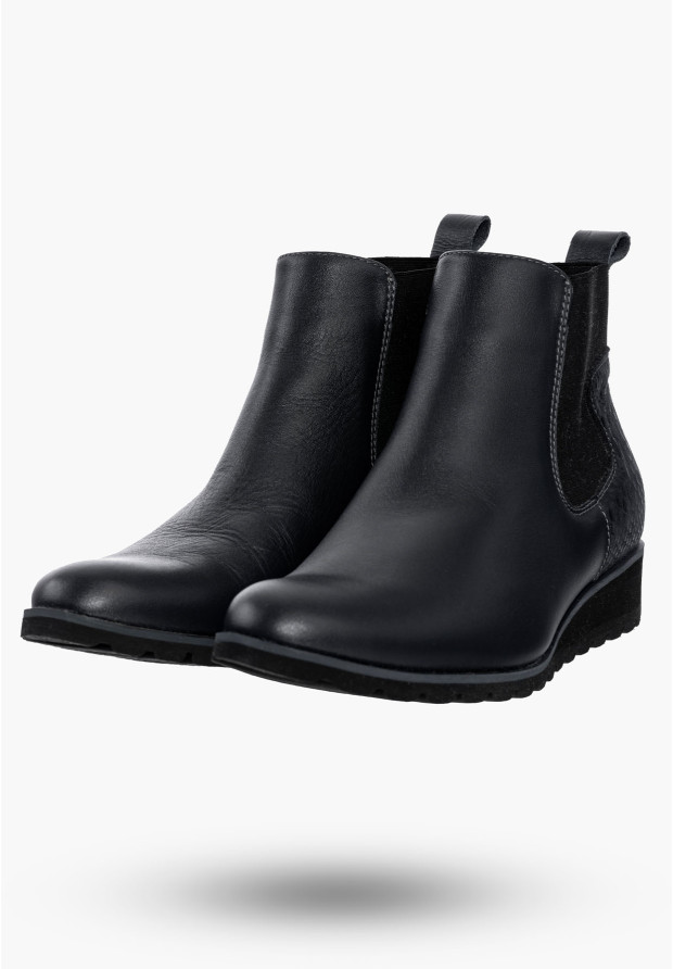Buty Damskie Botki Granatowe Ze Skóry Naturalnej Na Koturnie Na Zimę 829