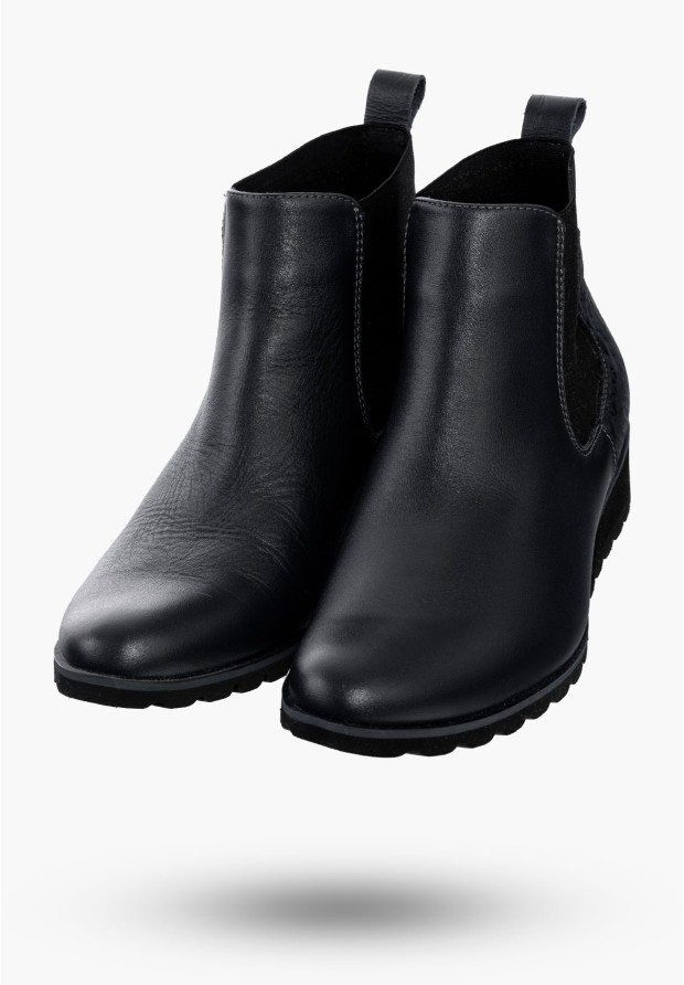 Buty Damskie Botki Granatowe Ze Skóry Naturalnej Na Koturnie Na Zimę 829