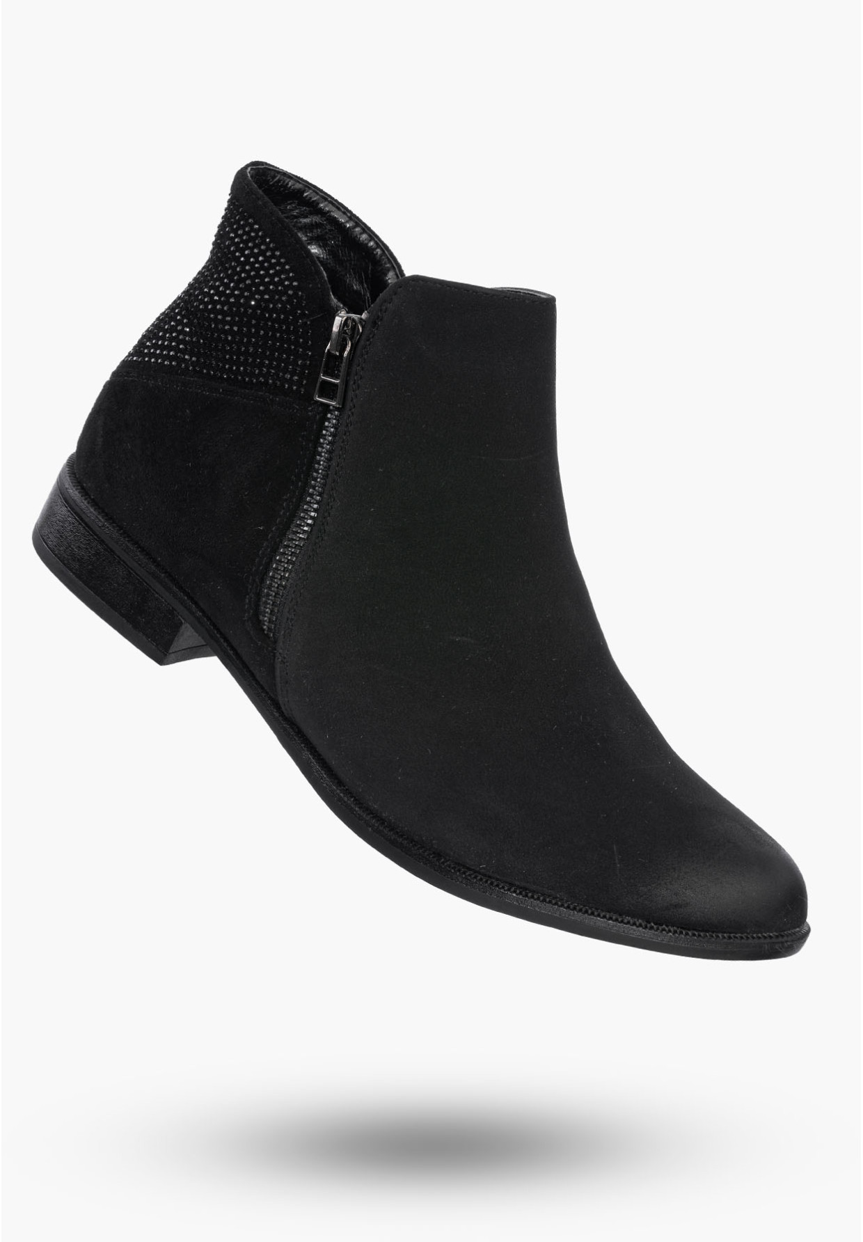 Buty Damskie Botki Czarne Skórzane Na Płaskim Obcasie Na Zimę AM65-38