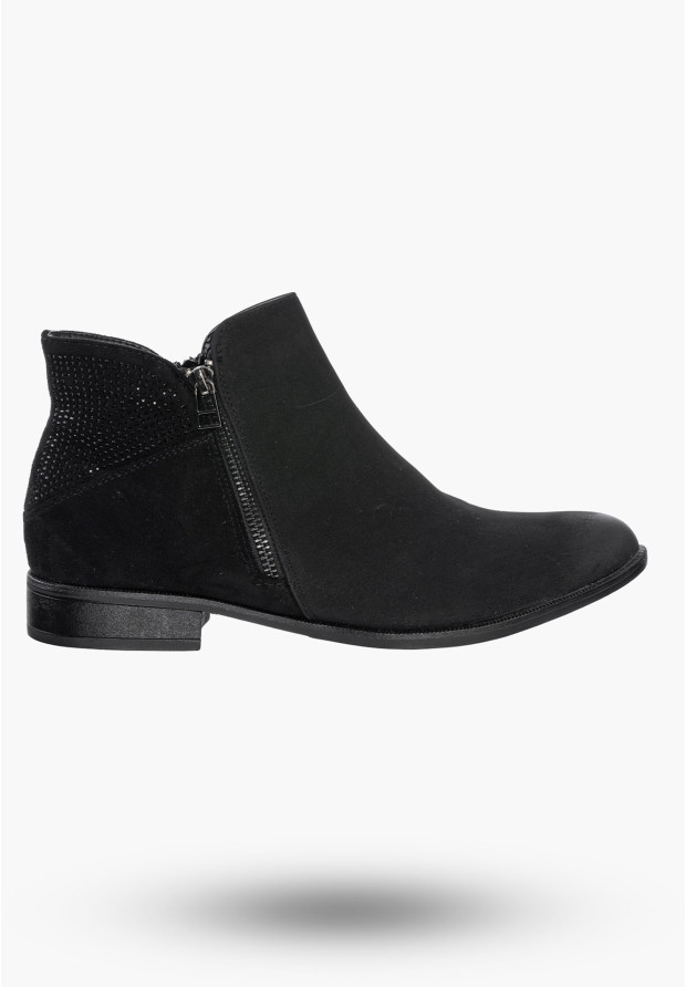 Buty Damskie Botki Czarne Skórzane Na Płaskim Obcasie Na Zimę AM65-38