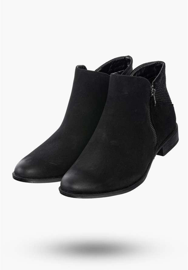 Buty Damskie Botki Czarne Skórzane Na Płaskim Obcasie Na Zimę AM65-38