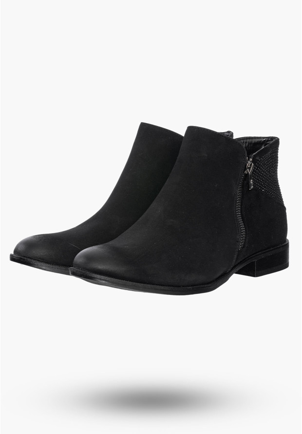 Buty Damskie Botki Czarne Skórzane Na Płaskim Obcasie Na Zimę AM65-38