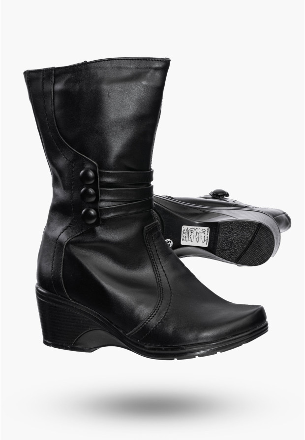 Buty Damskie Botki Czarne Ocieplane Ze Skóry Naturalnej Na Zimę 64-K
