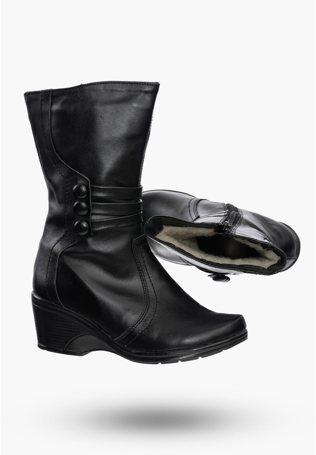 Buty Damskie Botki Czarne Ocieplane Ze Skóry Naturalnej Na Zimę 64-K