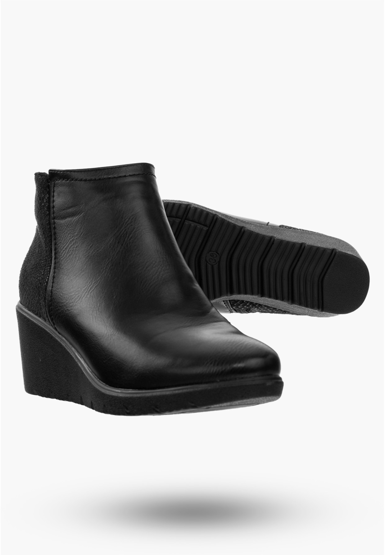 Buty Damskie Botki Ze Skóry Ekologicznej Ocieplane Czarne Na Koturnie Na Zimę MR1598-2