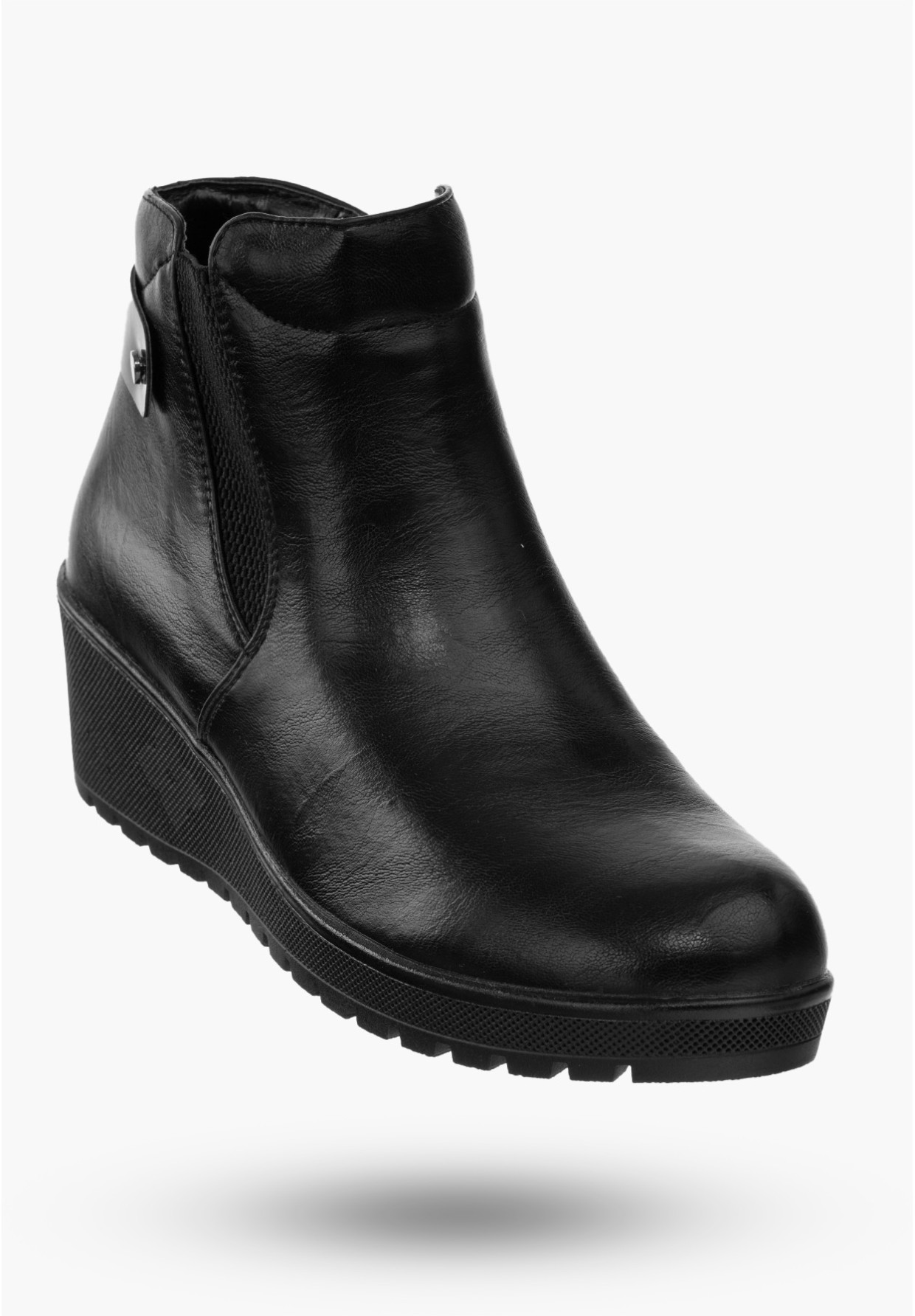Buty Damskie Botki Ocieplane Ze Skóry Ekologicznej Czarne Na Koturnie Na Zimę ASA207-4